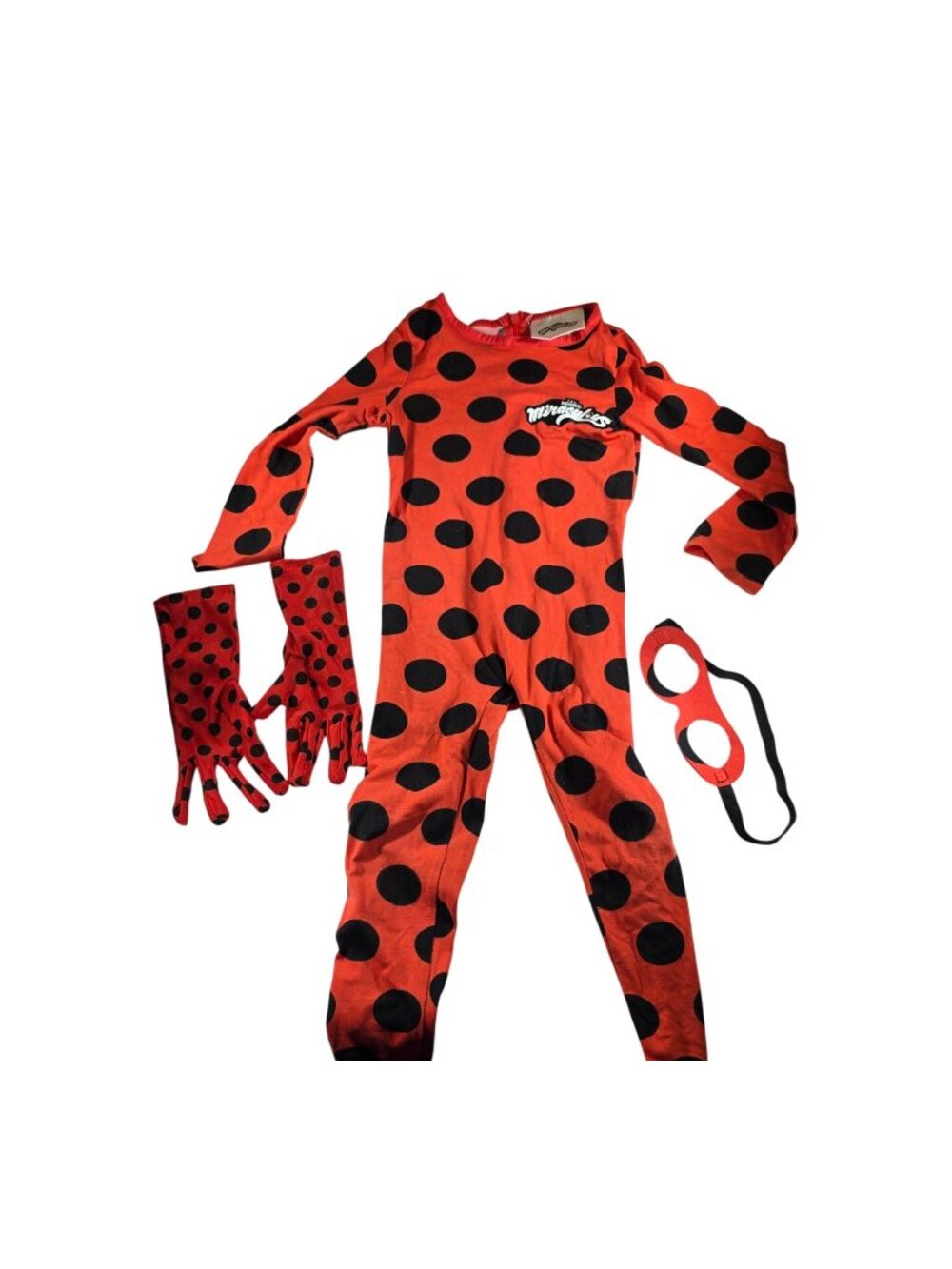 Miraculous Ladybug Kids Costume 4T Gloves Mask Red Black Polka Dot Full Bodysuit